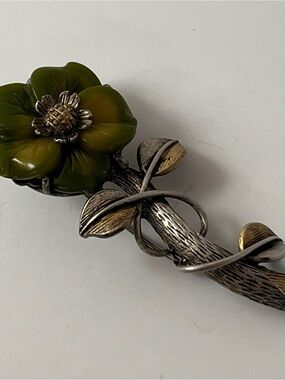 Vintage Signed Samo No 1073 Two Tone Green Enamel Flower Brooch Pin